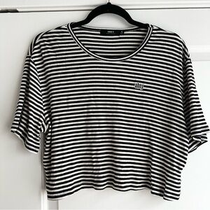 Obey Black and White Striped Short Sleeve Crop Top Tee